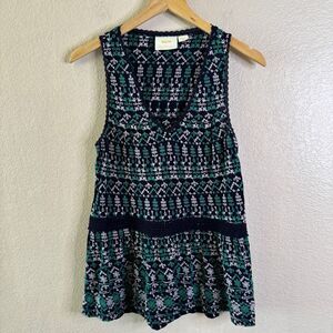 Maeve Anthropologie Embroidered Tank Top Blouse Womens Small Navy Green White